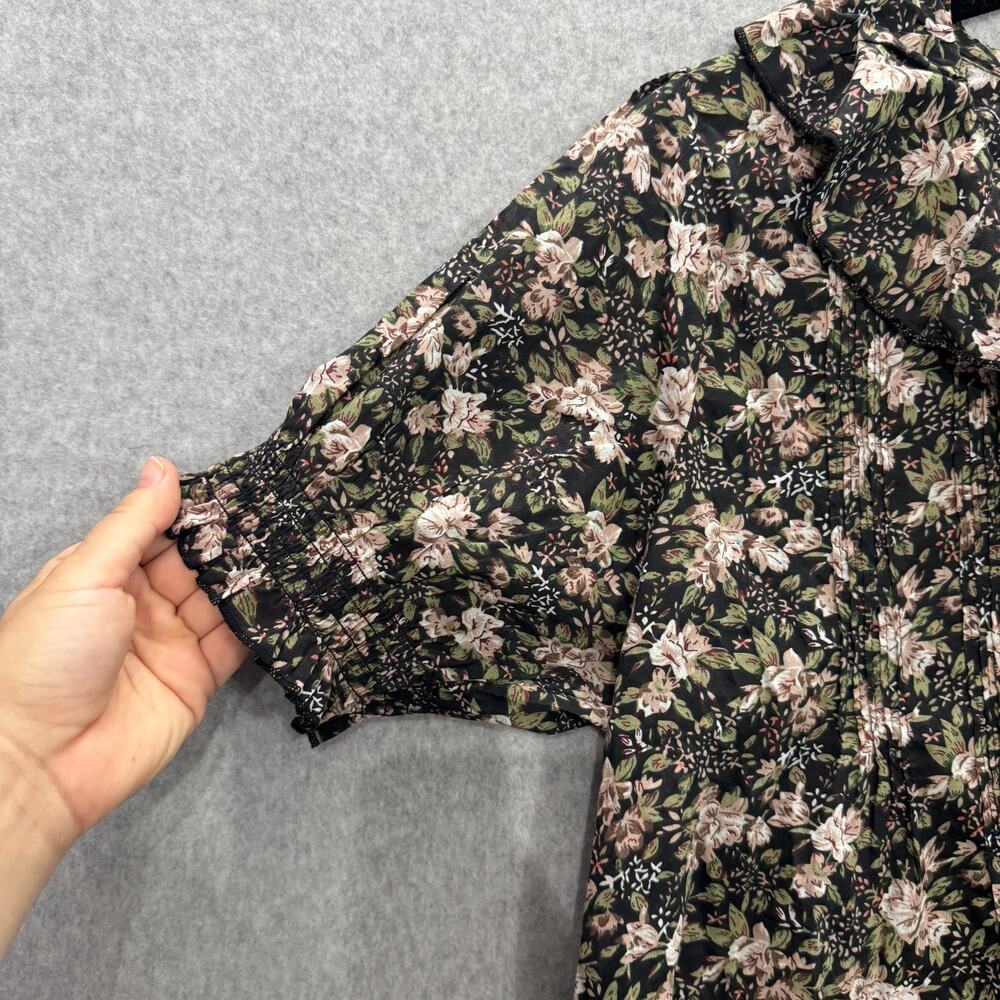 Natural Life Cotton Floral Ruffle Blouse Sz S Black Pink Cottagecore Coquette - Picture 2 of 10